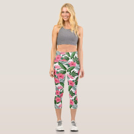 Tropisches Blumenmuster Rosa Hibiskus Blume Capri Leggings
