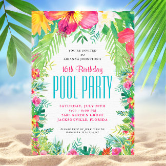 Tropisches Blumenschwimmbad Party Geburtstag Einladung