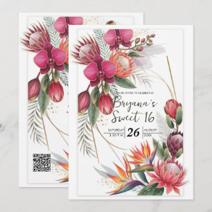 Tropisches Blumparadies Botanisches Gold Sweet 16 Einladung