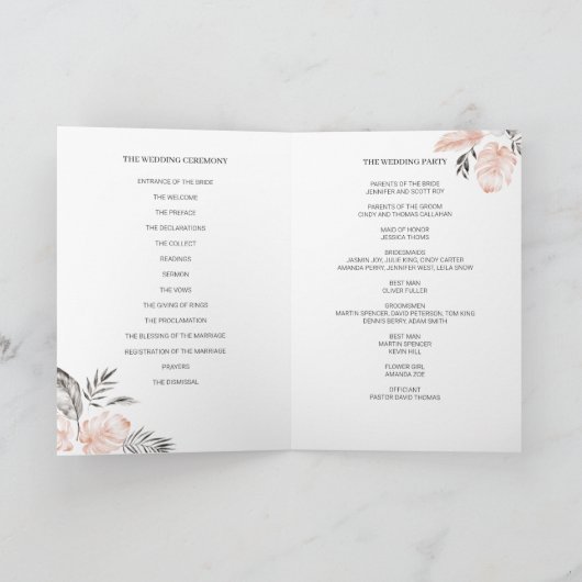 Tropisches Blush-Gray-Blätter Hochzeitsprogramm Programm (Innenseite)