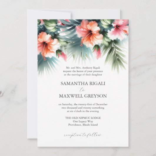 Tropisches Blütenrosa und orangefarbene feierliche Einladung (Vorderseite)