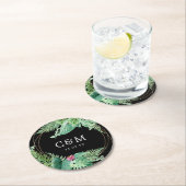 Tropisches Botanisches Hochzeitmonogramm und Datum Runder Pappuntersetzer (Vor Ort)