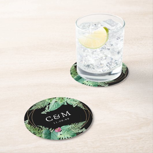 Tropisches Botanisches Hochzeitmonogramm und Datum Runder Pappuntersetzer (Vor Ort)