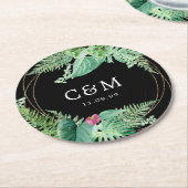 Tropisches Botanisches Hochzeitmonogramm und Datum Runder Pappuntersetzer (Angewinkelt)