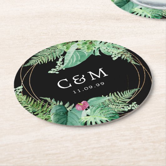 Tropisches Botanisches Hochzeitmonogramm und Datum Runder Pappuntersetzer (Angewinkelt)