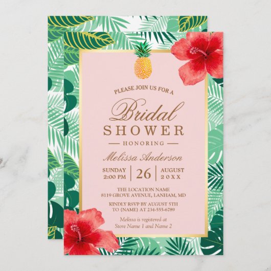 Tropisches Brautparty | Ananas Rosa Einladung (Vorne/Hinten)