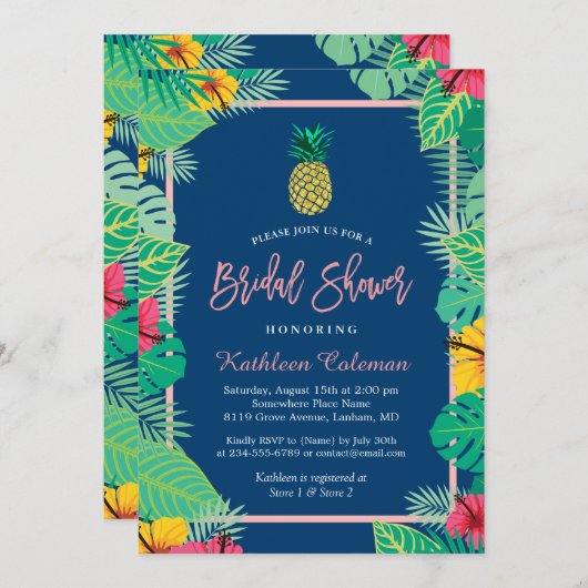Tropisches Brautparty | Blaue Ananas Einladung (Vorne/Hinten)