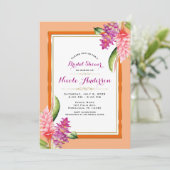 Tropisches Brautparty mit Korallenmöbeln und Goldm Einladung (Stehend Vorderseite)