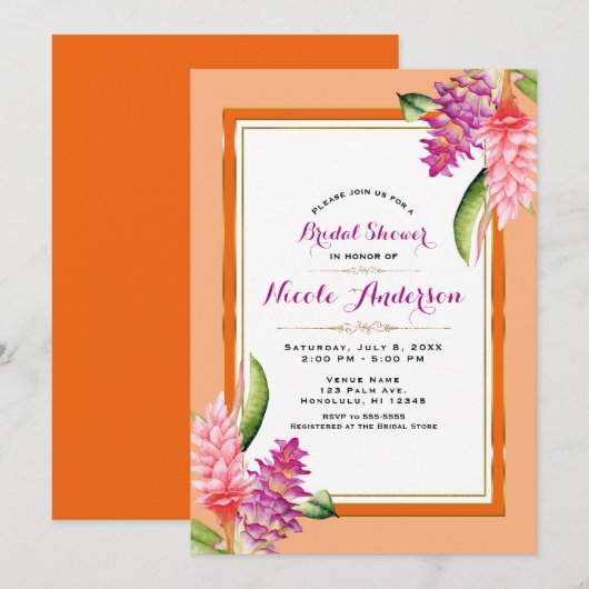 Tropisches Brautparty mit Korallenmöbeln und Goldm Einladung (Vorne/Hinten)