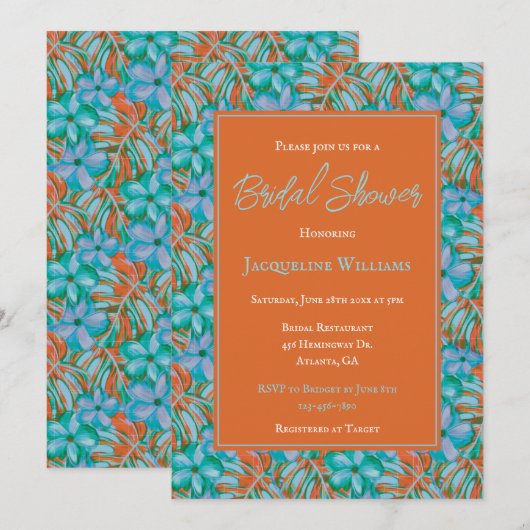 Tropisches Brautparty Orange und Blume Einladung (Vorne/Hinten)