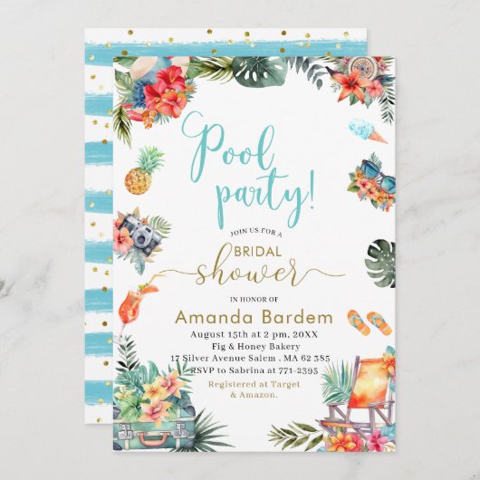 Tropisches Brautparty Wasserfarben-Pool Einladung (Vorne/Hinten)