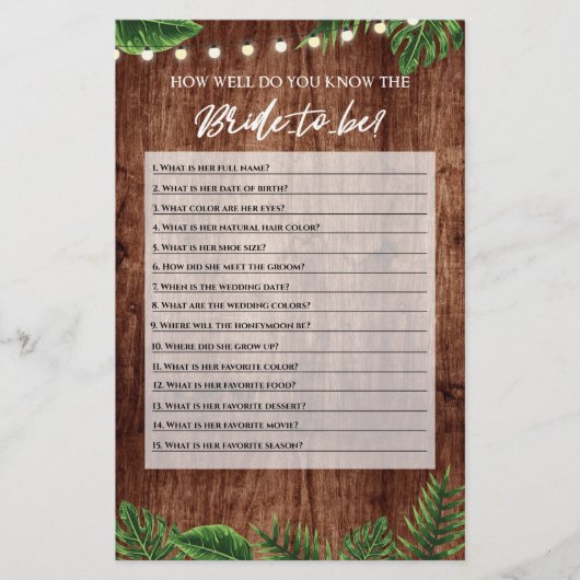 Tropisches Brautparty, wie gut Sie die Spielkarte (Vorderseite)