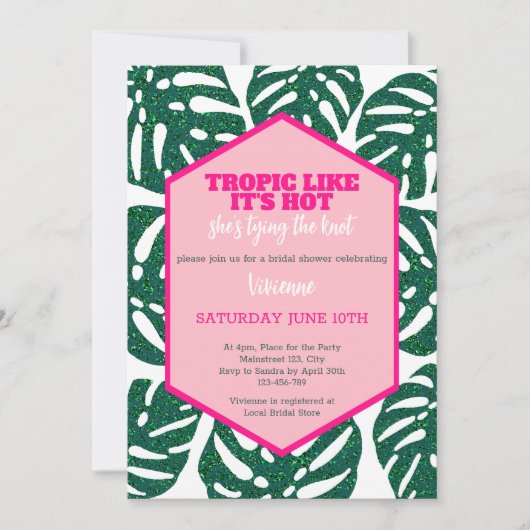 Tropisches Brautparty Wild Pink Glitzer Monstera Einladung (Vorderseite)