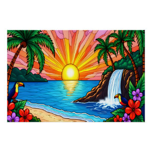 Tropisches Buntglas-Sonnenuntergangs-Poster Poster
