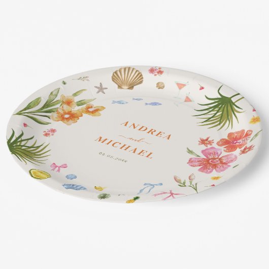 Tropisches Coquette Seashells Bows Palm Tree Hochz Pappteller (Schrägansicht)