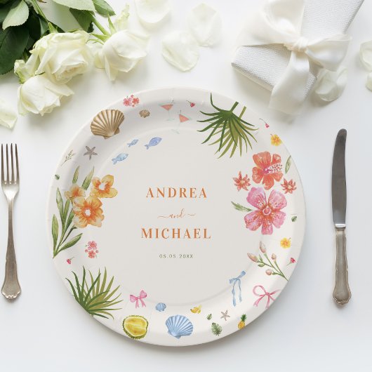 Tropisches Coquette Seashells Bows Palm Tree Hochz Pappteller