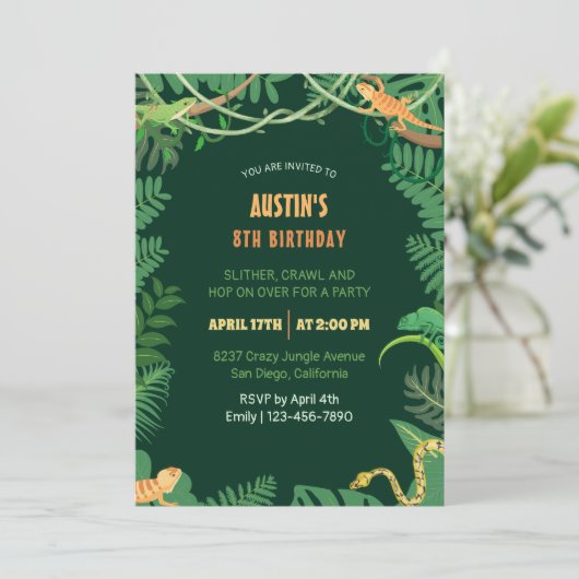 Tropisches Dschungel Reptile Kindergeburtstag Part Einladung (Stehend Vorderseite)