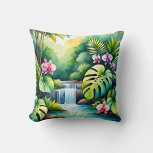 Tropisches Dschungel-Wasserfall-Orchideen-Paradies Kissen