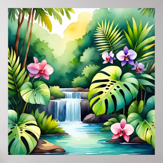 Tropisches Dschungel-Wasserfall-Orchideen-Paradies Poster (Vorne)