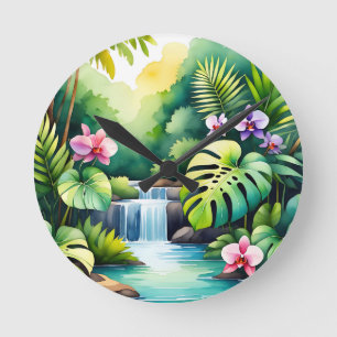Tropisches Dschungel-Wasserfall-Orchideen-Paradies Runde Wanduhr