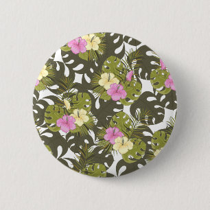 Tropisches Dschungelblätter- und Hibiskus-Muster Button