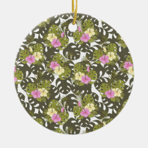 Tropisches Dschungelblätter- und Hibiskus-Muster Keramik Ornament