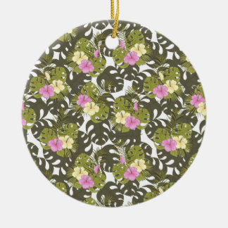 Tropisches Dschungelblätter- und Hibiskus-Muster Keramik Ornament