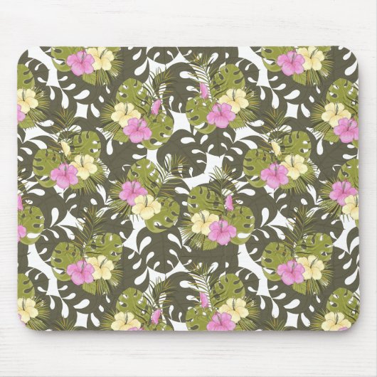 Tropisches Dschungelblätter- und Hibiskus-Muster Mousepad (Vorne)