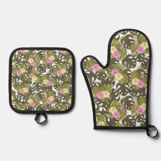 Tropisches Dschungelblätter- und Hibiskus-Muster Ofenhandschuh & Topflappen-Set
