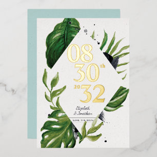Tropisches Dschungellaub Modern Weiß Save-the-Date Folieneinladung