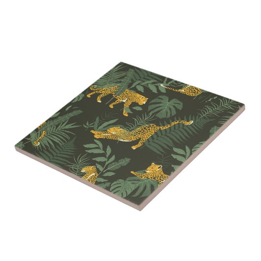 Tropisches Dschungelmuster mit Jaguar-Blätter Fliese (Seite)