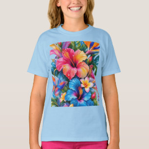 Tropisches Farbige Hibiskus Blumenmuster Mädchen T T-Shirt