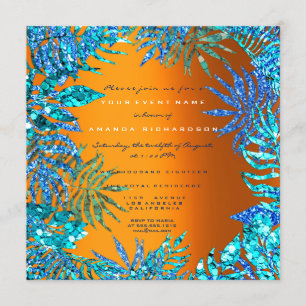 Tropisches Farnblatt Strand Ozean Blau Orange Glit Einladung