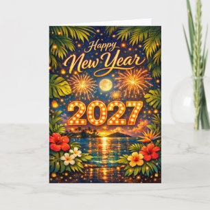 Tropisches Feuerwerk Sonnenuntergang Frohes neues Feiertagskarte