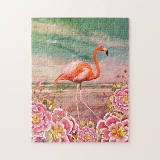 Tropisches Flamingo am Strand mit rosa Blume Colla Puzzle (Vertikal)