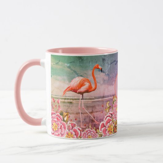 Tropisches Flamingo am Strand, rosa Blume, Monogra Tasse (Links)