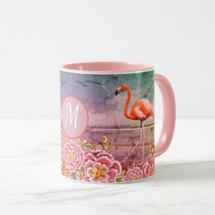 Tropisches Flamingo am Strand, rosa Blume, Monogra Tasse