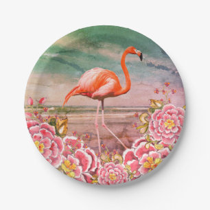 Tropisches Flamingo am Strand und orientalisch-ros Pappteller