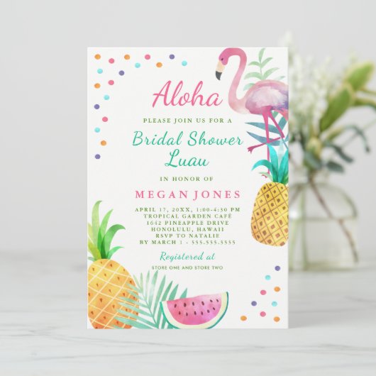 Tropisches Flamingo Ananas Brautparty Luau Einladung (Stehend Vorderseite)