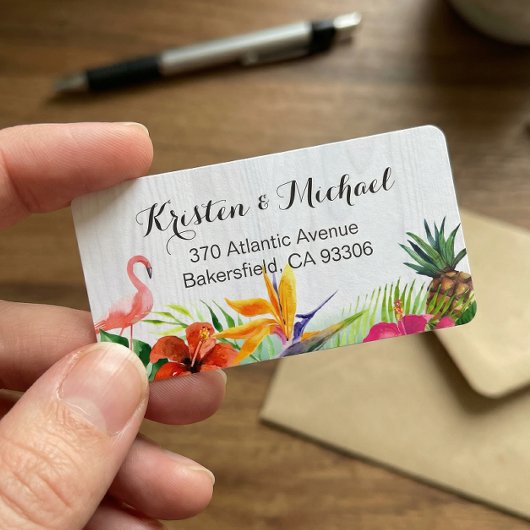 Tropisches Flamingo Ananas Rustikales Holz Adressaufkleber