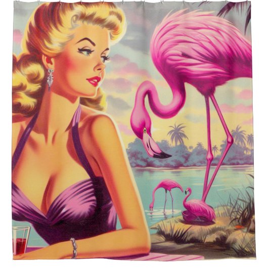 Tropisches Flamingo-Button Duschvorhang (Vorderseite)