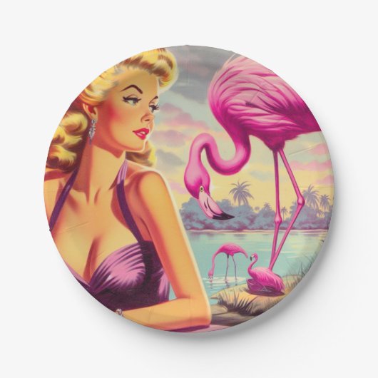 Tropisches Flamingo-Button Pappteller (Vorderseite)