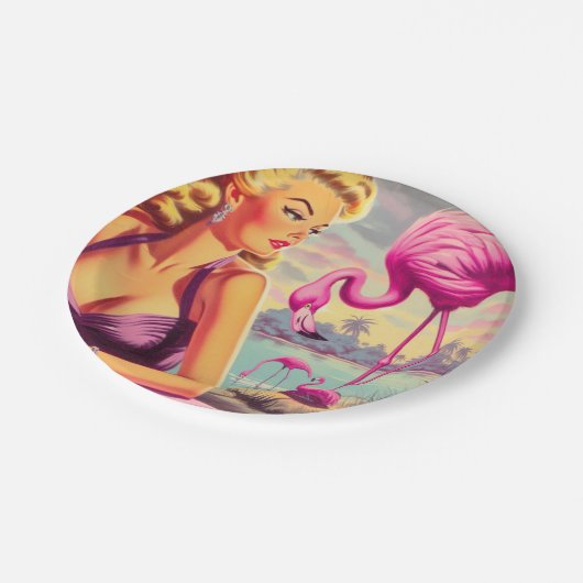 Tropisches Flamingo-Button Pappteller (Schrägansicht)