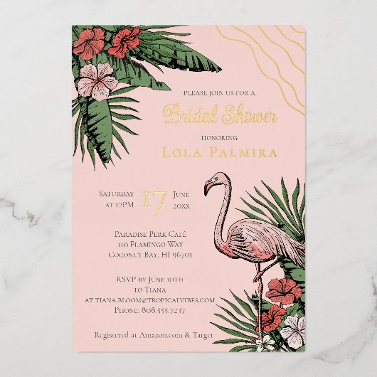 Tropisches Flamingo Coral Brautparty Gold Folieneinladung (Vorderseite)