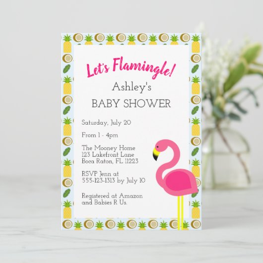 Tropisches Flamingo-Dusche Einladung (Stehend Vorderseite)