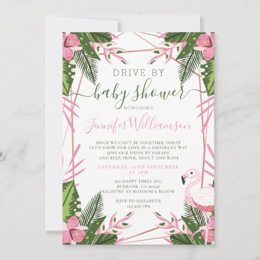 Tropisches Flamingo-Laufwerk mit Babydusche Einladung (Vorderseite)