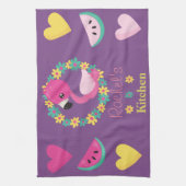 Tropisches Flamingo lila rosa und gelbe Herzen Geschirrtuch (Vertikal)