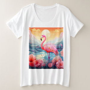 Tropisches Flamingo mit Blume Große Größe T-Shirt