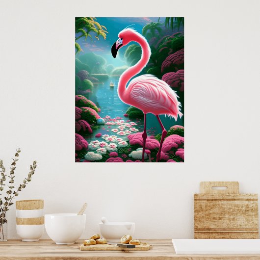Tropisches Flamingo mit Blume Poster (Küche)