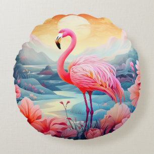 Tropisches Flamingo mit Blume Rundes Kissen